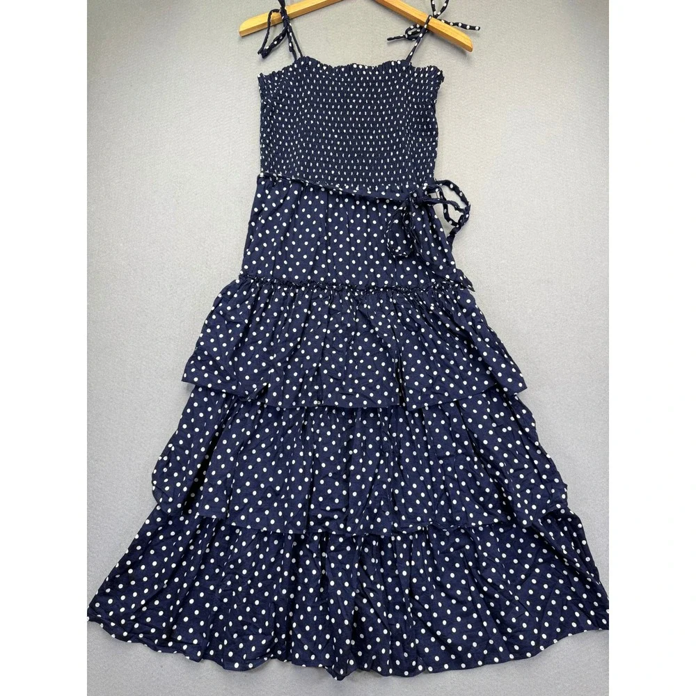Tory Burch Navy Blue Polka Dot Smocked‎ Tiered Midi Dress Womens Large 73742